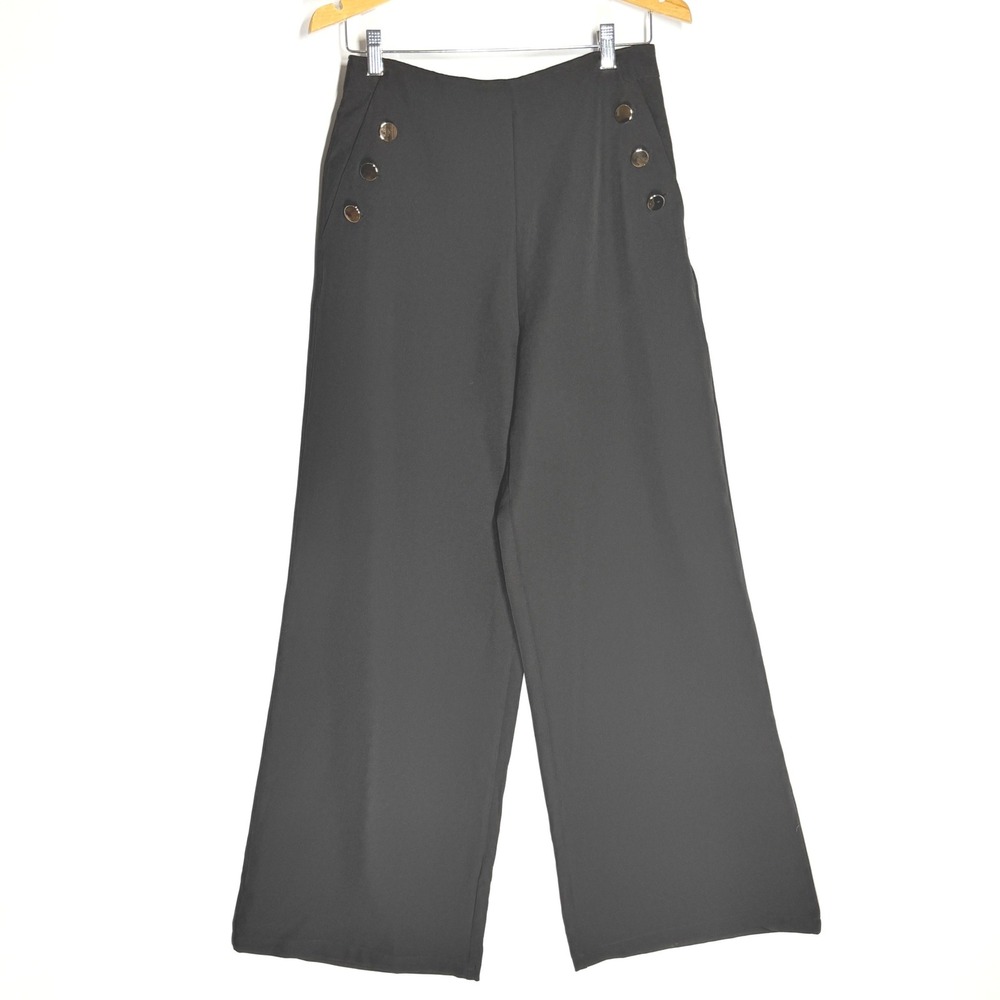 Bohme Womens Sailor Wide Leg Pants Black High Rise Button Detail AP2161-L Medium - Picture 2 of 7